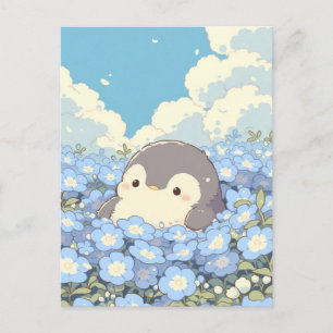 青い花畑のかわいいペンギン ポストカード