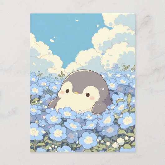 青い花畑のかわいいペンギン ポストカード (正面)