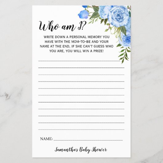 青い花私は赤ちゃんシャワーゲームカード チラシ (正面)