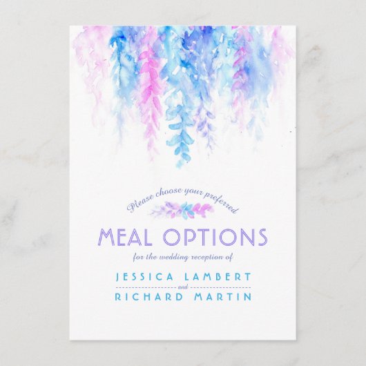 青い花結婚のカスケード食事オプションカード エンクロージャーカード (正面)