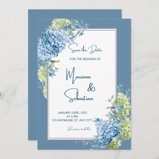 青い花結婚式招待状 招待状 (正面/裏面)