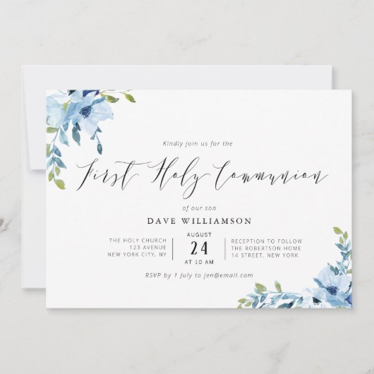 青い花絵を描が初めての聖餐会 招待状 (正面)