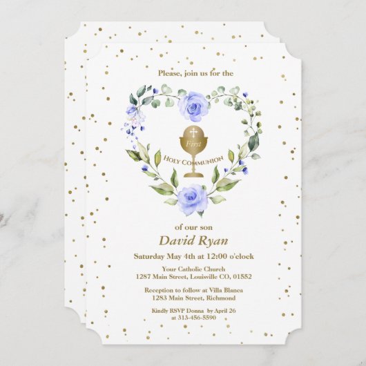 青い花金ゴールドチャリスボーイファースト聖餐式 招待状 (正面/裏面)