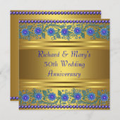 青い花 ゴールド 50周年結婚記念日 招待状 (正面/裏面)