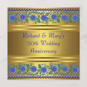青い花 ゴールド 50周年 結婚記念日 招待状