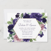 青い花 |ピンクと紫のリース金ゴールドフレーム 招待状 (正面)
