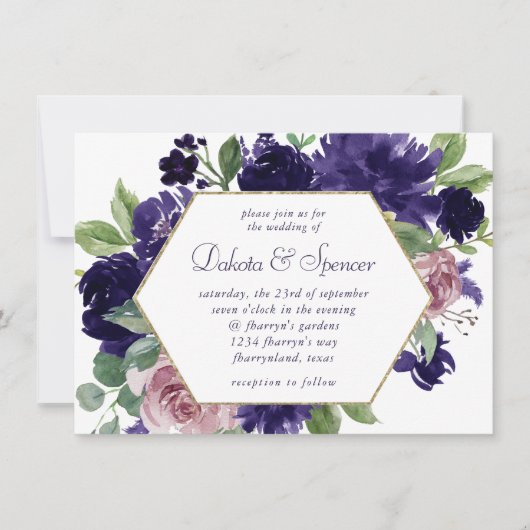 青い花 |ピンクと紫のリース金ゴールドフレーム 招待状 (正面)