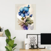 青い花 ブルーベル 水彩画プリント ウォールアート (ホームオフィス)
