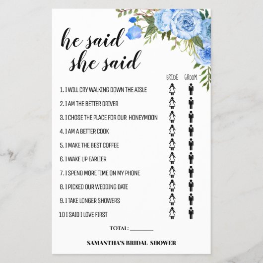 青い花 彼が言った 彼女が言った シャワーゲーム カード (正面)