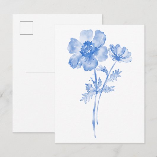 青い花、水彩画の花 ポストカード (正面/裏面)