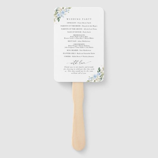 青い花、白い花、ボーホー、結婚式のプログラム ハンドファン (裏面)