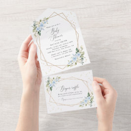 青い花，白い花，緑，赤ちゃんシャワー オールインワン招待状