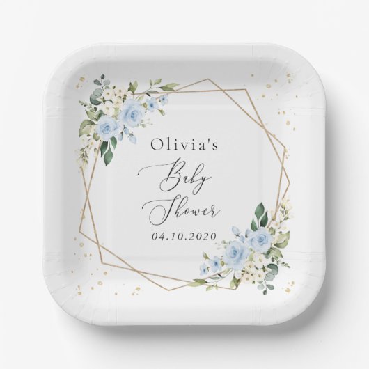 青い花，白い花，緑，赤ちゃんシャワー ペーパープレート (正面)