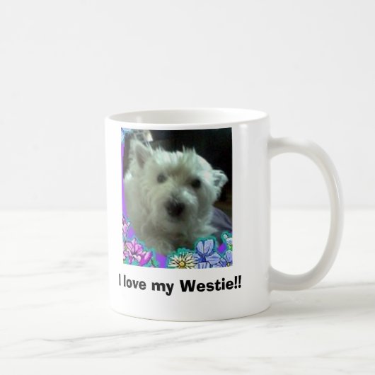 青い花、私は私のWestieを愛します!! コーヒーマグカップ (右)