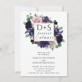 青い花 |紫とピンクのバラのイニシャル写真 招待状 (正面)