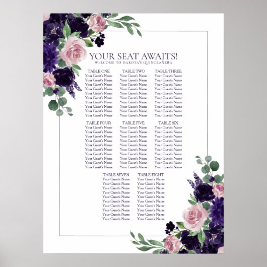 青い花 |紫とピンクのバラのシーティングチャート ポスター (正面)