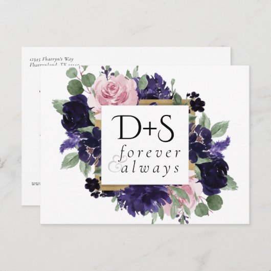 青い花 |紫とピンクのバラ日付を保存 案内ポストカード (正面/裏面)