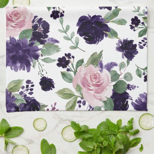 青い花 |紫とピンクのフローラきらめく キッチンタオル (折り畳み)