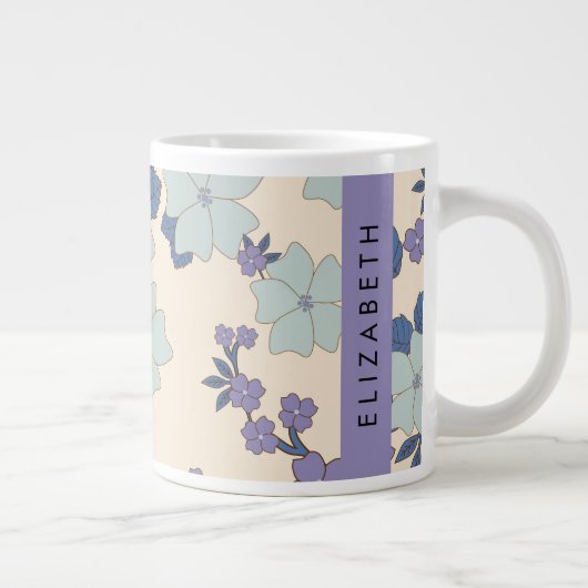 青い花，紫の花，フローラ，あなたの名前 ジャンボコーヒーマグカップ (右)