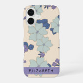 青い花、紫の花、花柄、お名前 iPhone 16ケース (裏面)