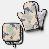 青い花，紫の花，花柄 鍋つかみ&鍋敷きセット (正面/裏面)