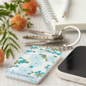 青い花、花のパターン、あなたの名前 キーホルダー (正面右)