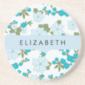 青い花、花のパターン、あなたの名前 コースター (正面)