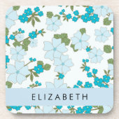 青い花、花のパターン、あなたの名前 コースター (正面)