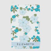 青い花、花のパターン、あなたの名前 ゴルフタオル (正面)