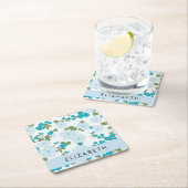 青い花、花のパターン、あなたの名前 スクエアペーパーコースター (インサイチュ)