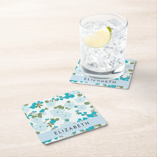 青い花、花のパターン、あなたの名前 スクエアペーパーコースター (インサイチュ)