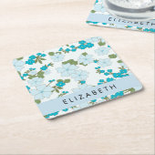青い花、花のパターン、あなたの名前 スクエアペーパーコースター (アングル)