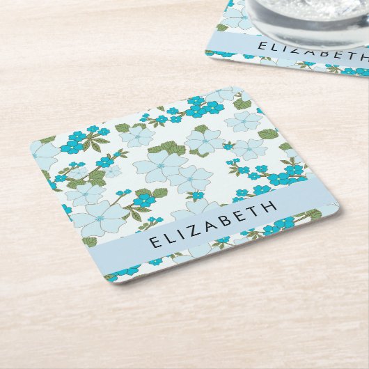 青い花、花のパターン、あなたの名前 スクエアペーパーコースター (アングル)
