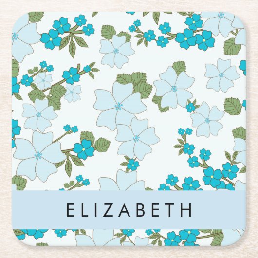 青い花、花のパターン、あなたの名前 スクエアペーパーコースター (正面)