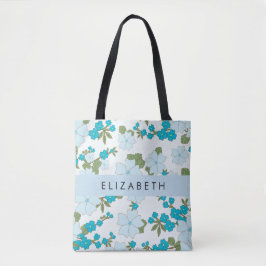青い花、花のパターン、あなたの名前 トートバッグ