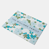 青い花、花のパターン、あなたの名前 ドアマット (アングル)