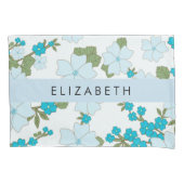 青い花、花のパターン、あなたの名前 枕カバー (正面)