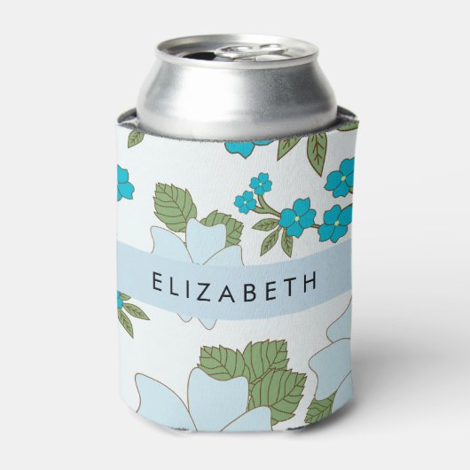 青い花、花のパターン、あなたの名前 缶クーラー (缶正面)
