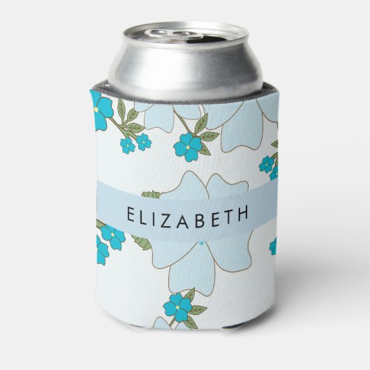 青い花、花のパターン、あなたの名前 缶クーラー (缶裏面)