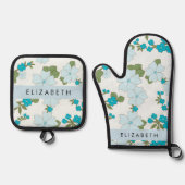 青い花、花のパターン、あなたの名前 鍋つかみ&鍋敷きセット (正面)