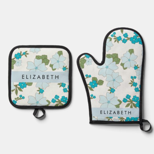 青い花、花のパターン、あなたの名前 鍋つかみ&鍋敷きセット (正面)