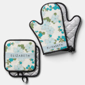 青い花、花のパターン、あなたの名前 鍋つかみ&鍋敷きセット (正面/裏面)