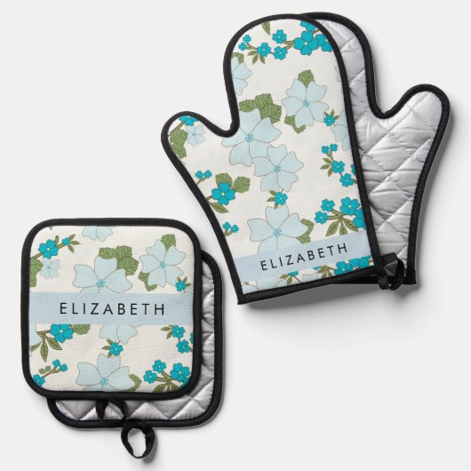 青い花、花のパターン、あなたの名前 鍋つかみ&鍋敷きセット (正面/裏面)