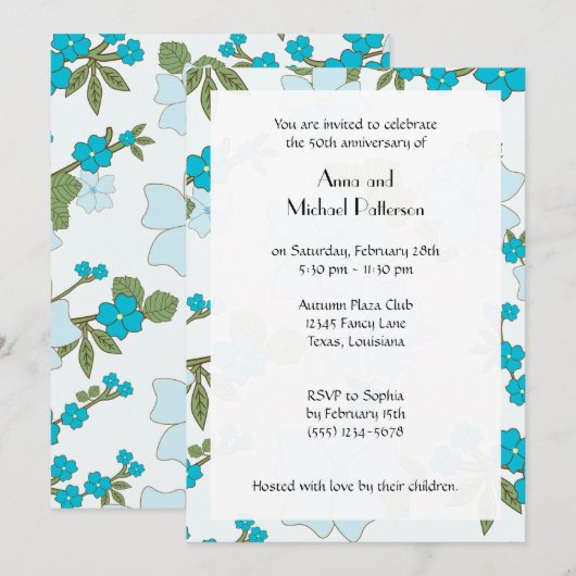 青い花, 花のパターン, 記念日 招待状 (正面/裏面)