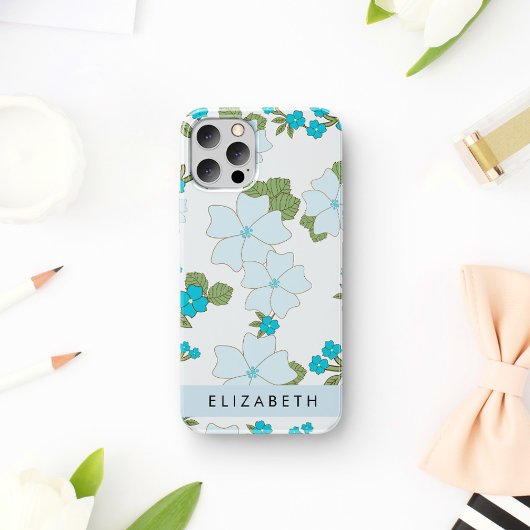 青い花、花柄、あなたの名前 iPhone 16ケース