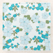 青い花、花柄、花柄 ガラスコースター (正面)