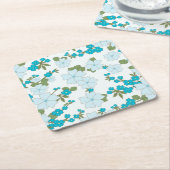 青い花、花柄、花柄 スクエアペーパーコースター (アングル)
