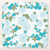 青い花、花柄、花柄 スクエアペーパーコースター (正面)