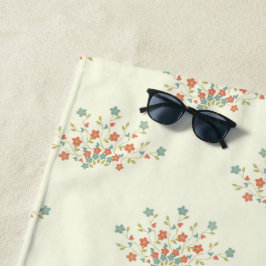 青い花，赤い花，花のパターン ビーチタオル