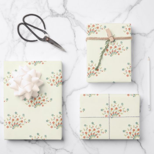 青い花、赤い花、花のパターン ラッピングペーパーシート (正面)